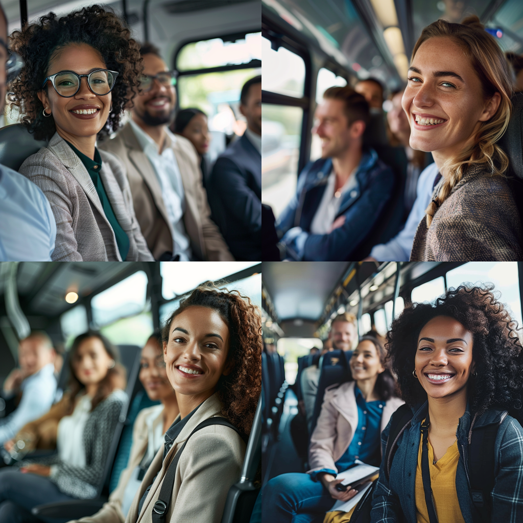 4 happy workers and employees commuting on a bus or van